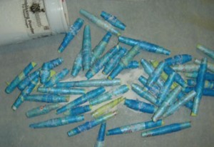   Blue and green tyvek beads with gloss