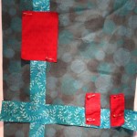 blue green backgrouns with turqupise strips and crimson blocks on top