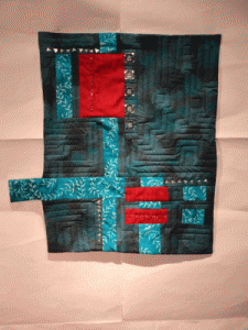 Blue green background , turquois strips and crimason squares- second approach