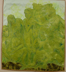 quilt with green stitched figures