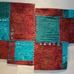 Crimson, with blue green and turquoise squares