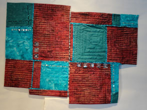 Crimson, with blue green and turquoise squares