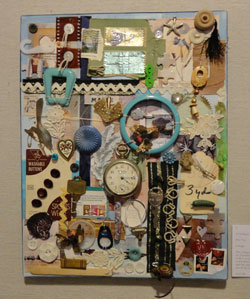 collage of objects mostly in a blue color