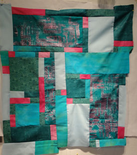 Turquoies light blue and fusha top in various sized squares